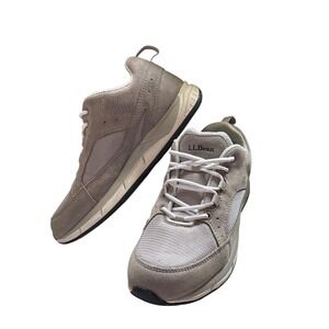 LL Bean Womens Walking Shoes Suede Mesh Gray Taupe Lace Up Sneakers Sz 9W